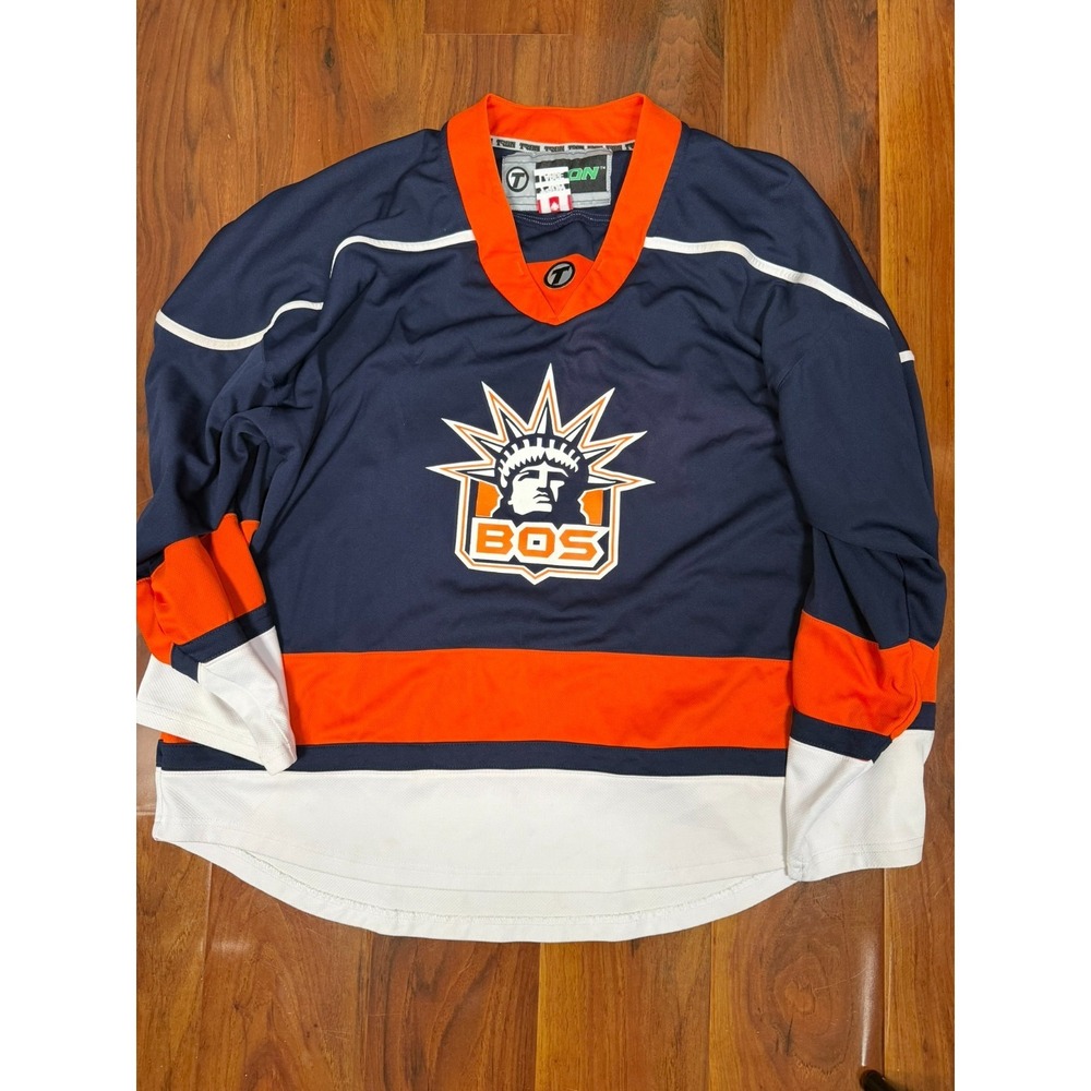 Adult Triton BOS Orange Blue Lady Liberty Boston Hockey Jersey #10 SZ L